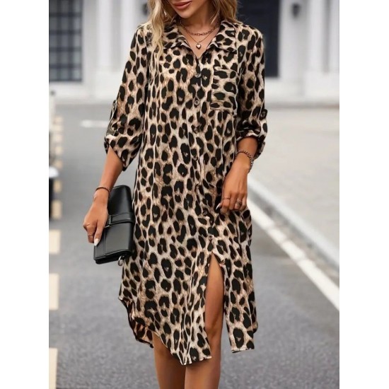 Kadın Uzun Kollu Yakalı önden Düğmeli Leopar Desenli Modal Midi Elbise , 27386 Kadın Uzun Kollu Yakalı önden Düğmeli Leopar Desenli Modal Midi Elbise , 27386