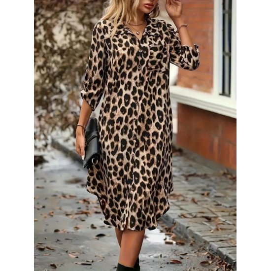 Kadın Uzun Kollu Yakalı önden Düğmeli Leopar Desenli Modal Midi Elbise , 27386 Kadın Uzun Kollu Yakalı önden Düğmeli Leopar Desenli Modal Midi Elbise , 27386