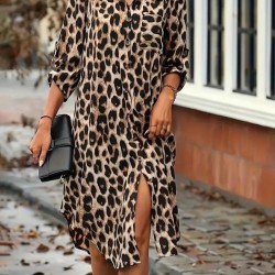 Kadın Uzun Kollu Yakalı önden Düğmeli Leopar Desenli Modal Midi Elbise , 27386 Kadın Uzun Kollu Yakalı önden Düğmeli Leopar Desenli Modal Midi Elbise , 27386