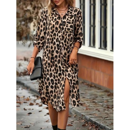 Kadın Uzun Kollu Yakalı önden Düğmeli Leopar Desenli Modal Midi Elbise , 27386 Kadın Uzun Kollu Yakalı önden Düğmeli Leopar Desenli Modal Midi Elbise , 27386