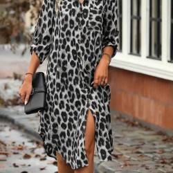 Kadın Uzun Kollu Yakalı önden Düğmeli Leopar Desenli Modal Midi Elbise , 27383 Kadın Uzun Kollu Yakalı önden Düğmeli Leopar Desenli Modal Midi Elbise , 27383