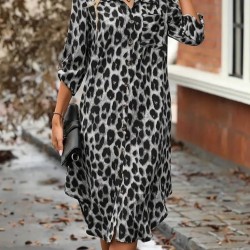 Kadın Uzun Kollu Yakalı önden Düğmeli Leopar Desenli Modal Midi Elbise , 27383 Kadın Uzun Kollu Yakalı önden Düğmeli Leopar Desenli Modal Midi Elbise , 27383