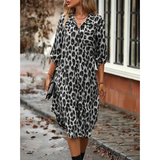 Kadın Uzun Kollu Yakalı önden Düğmeli Leopar Desenli Modal Midi Elbise , 27383 Kadın Uzun Kollu Yakalı önden Düğmeli Leopar Desenli Modal Midi Elbise , 27383