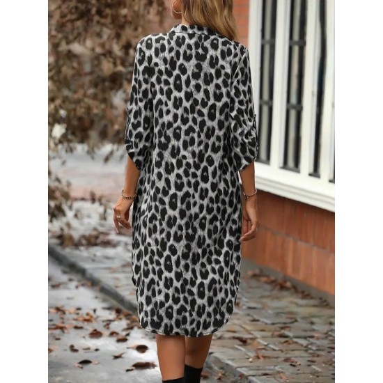 Kadın Uzun Kollu Yakalı önden Düğmeli Leopar Desenli Modal Midi Elbise , 27383 Kadın Uzun Kollu Yakalı önden Düğmeli Leopar Desenli Modal Midi Elbise , 27383