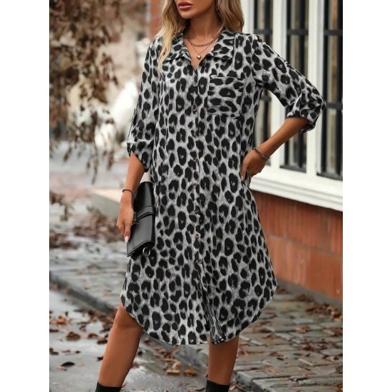 Kadın Uzun Kollu Yakalı önden Düğmeli Leopar Desenli Modal Midi Elbise , 27383 Kadın Uzun Kollu Yakalı önden Düğmeli Leopar Desenli Modal Midi Elbise , 27383