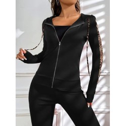 Kadın Uzun Kollu Kapşonlu Fermuarlı Bağcıklı Viskon Iki Iplik Bluz Ve Pantolon Tayt , 27399 Kadın Uzun Kollu Kapşonlu Fermuarlı Bağcıklı Viskon Iki Iplik Bluz Ve Pantolon Tayt , 27399