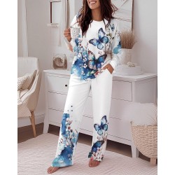 Kadın Uzun Kollu Bisiklet Yaka Kelebek Desenli Süprem Alt üst Takım, 27395