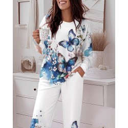 Kadın Uzun Kollu Bisiklet Yaka Kelebek Desenli Süprem Alt üst Takım, 27395