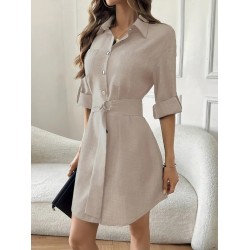 Kadın Uzun Kollu Yakalı önden Düğmeli Beli Kuşaklı Mini Ithal Keten Elbise , 27412 Kadın Uzun Kollu Yakalı önden Düğmeli Beli Kuşaklı Mini Ithal Keten Elbise , 27412