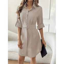 Kadın Uzun Kollu Yakalı önden Düğmeli Beli Kuşaklı Mini Ithal Keten Elbise , 27412 Kadın Uzun Kollu Yakalı önden Düğmeli Beli Kuşaklı Mini Ithal Keten Elbise , 27412