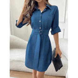 Kadın Uzun Kollu Yakalı önden Düğmeli Beli Kuşaklı Mini Ithal Keten Elbise , 27411 Kadın Uzun Kollu Yakalı önden Düğmeli Beli Kuşaklı Mini Ithal Keten Elbise , 27411