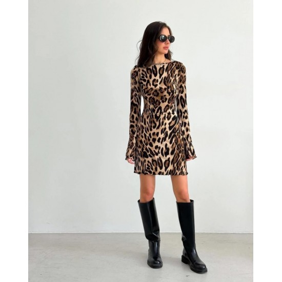 Kadın Uzun Kollu Sırtı Açık Bağlamalı Leopar Desenli Kısa Dalgıç Elbise, 27402