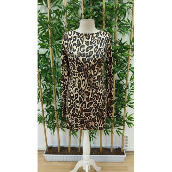 Kadın Uzun Kollu Sırtı Açık Bağlamalı Leopar Desenli Kısa Dalgıç Elbise, 27402