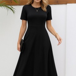 Kadın Kısa Kollu Bisiklet Yaka Maksi Boy Ithal Krep Elbise , 27435
