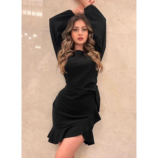 Kadın Uzun Kollu Bisiklet Yaka önden Volanlı Ithal Krep Elbise , 27432 Kadın Uzun Kollu Bisiklet Yaka önden Volanlı Ithal Krep Elbise , 27432