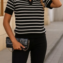 Kadın Kısa Kol Polo Yaka çizgi Desen Triko Bluz, 27456 Kadın Kısa Kol Polo Yaka çizgi Desen Triko Bluz, 27456