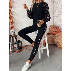 Kadın Uzun Kollu Bisiklet Yaka Desenli Viskon Iki Iplik Bluz Ve Pantolon Ikili Takım , 27462