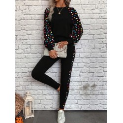 Kadın Uzun Kollu Bisiklet Yaka Desenli Viskon Iki Iplik Bluz Ve Pantolon Ikili Takım , 27462