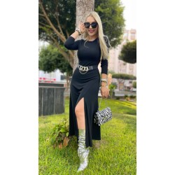 Kadın Uzun Kollu Bisiklet Yaka Yırtmaçlı Kemerli Uzun çilek Elbise, 27473 Kadın Uzun Kollu Bisiklet Yaka Yırtmaçlı Kemerli Uzun çilek Elbise, 27473