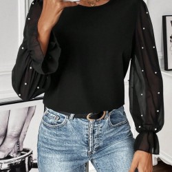 Kadın Uzun Kollu Bisiklet Yaka Tül Detaylı Incili Ithal Krep Bluz, 27483 Kadın Uzun Kollu Bisiklet Yaka Tül Detaylı Incili Ithal Krep Bluz, 27483