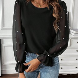 Kadın Uzun Kollu Bisiklet Yaka Tül Detaylı Incili Ithal Krep Bluz, 27483 Kadın Uzun Kollu Bisiklet Yaka Tül Detaylı Incili Ithal Krep Bluz, 27483