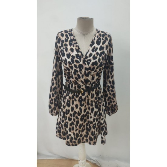 Kadın Uzun Kollu Kruvaze Yaka Kemerli Desenli Mini Leopar Elbise, 27492 Kadın Uzun Kollu Kruvaze Yaka Kemerli Desenli Mini Leopar Elbise, 27492