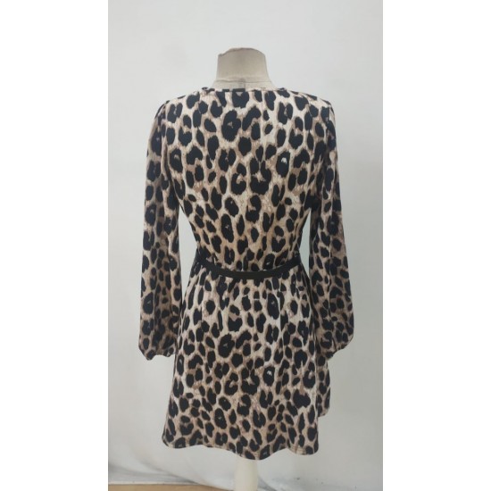 Kadın Uzun Kollu Kruvaze Yaka Kemerli Desenli Mini Leopar Elbise, 27492 Kadın Uzun Kollu Kruvaze Yaka Kemerli Desenli Mini Leopar Elbise, 27492