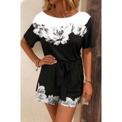 Kadın Tek Omuzu Açık çiçek Desenli Beli Kuşaklı Iki Iplik Mini Short Tulum, 27502