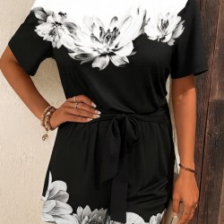 Kadın Tek Omuzu Açık çiçek Desenli Beli Kuşaklı Iki Iplik Mini Short Tulum, 27502