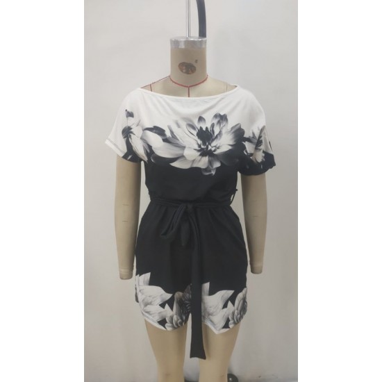 Kadın Tek Omuzu Açık çiçek Desenli Beli Kuşaklı Iki Iplik Mini Short Tulum, 27502 Kadın Tek Omuzu Açık çiçek Desenli Beli Kuşaklı Iki Iplik Mini Short Tulum, 27502
