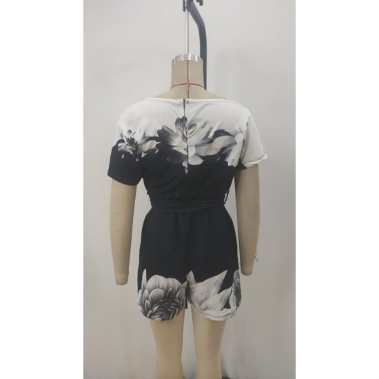 Kadın Tek Omuzu Açık çiçek Desenli Beli Kuşaklı Iki Iplik Mini Short Tulum, 27502 Kadın Tek Omuzu Açık çiçek Desenli Beli Kuşaklı Iki Iplik Mini Short Tulum, 27502