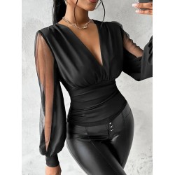 Kadın Uzun Yırtmaç Tül Detaylı Derin V Yakalı Sandy Bluz , 27501