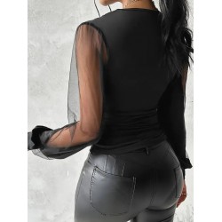 Kadın Uzun Yırtmaç Tül Detaylı Derin V Yakalı Sandy Bluz , 27501 Kadın Uzun Yırtmaç Tül Detaylı Derin V Yakalı Sandy Bluz , 27501