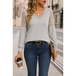 Kadın Uzun Kollu V Yakalı Dantelli Waffle Bluz, 27500 Kadın Uzun Kollu V Yakalı Dantelli Waffle Bluz, 27500
