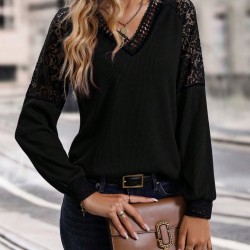 Kadın Uzun Kollu V Yakalı Dantelli Waffle Bluz, 27497 Kadın Uzun Kollu V Yakalı Dantelli Waffle Bluz, 27497