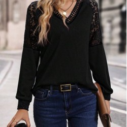 Kadın Uzun Kollu V Yakalı Dantelli Waffle Bluz, 27497 Kadın Uzun Kollu V Yakalı Dantelli Waffle Bluz, 27497