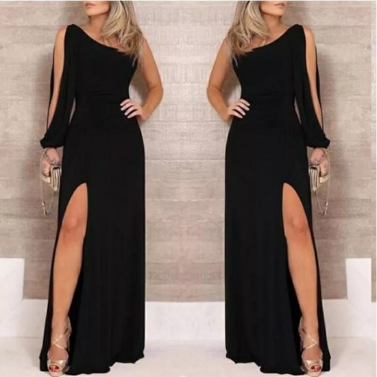Tek Omuz Açık Derin Yırtmaçlı Krep Tam Boy Elbise, 27506 Tek Omuz Açık Derin Yırtmaçlı Krep Tam Boy Elbise, 27506