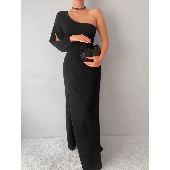 Tek Omuz Açık Derin Yırtmaçlı Krep Tam Boy Elbise, 27506 Tek Omuz Açık Derin Yırtmaçlı Krep Tam Boy Elbise, 27506