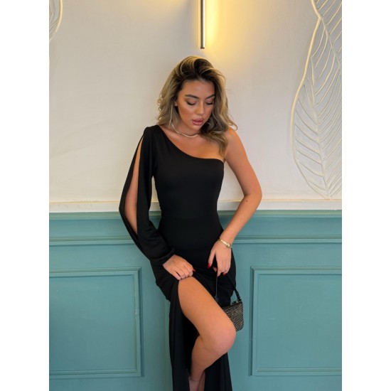 Tek Omuz Açık Derin Yırtmaçlı Krep Tam Boy Elbise, 27506 Tek Omuz Açık Derin Yırtmaçlı Krep Tam Boy Elbise, 27506