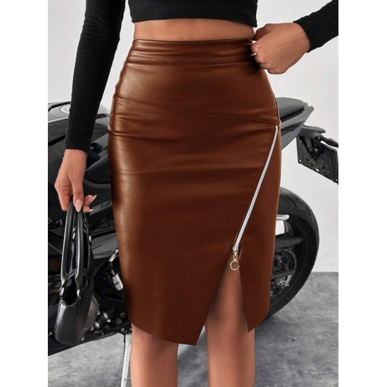 Kadın Yüksek Bel Yandan Fermuarlı Ve Yırtmaçlı Deri Etek , 27504 Kadın Yüksek Bel Yandan Fermuarlı Ve Yırtmaçlı Deri Etek , 27504