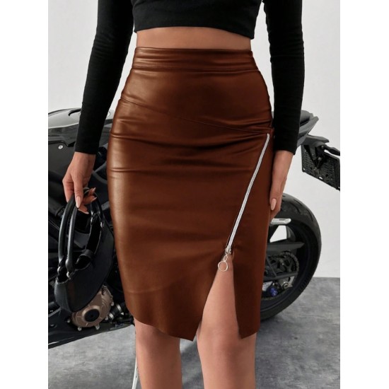 Kadın Yüksek Bel Yandan Fermuarlı Ve Yırtmaçlı Deri Etek , 27504 Kadın Yüksek Bel Yandan Fermuarlı Ve Yırtmaçlı Deri Etek , 27504