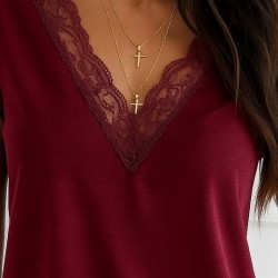 Kadın Kısa Kollu Dantelli V Yaka Sandy Bluz, 27489 Kadın Kısa Kollu Dantelli V Yaka Sandy Bluz, 27489