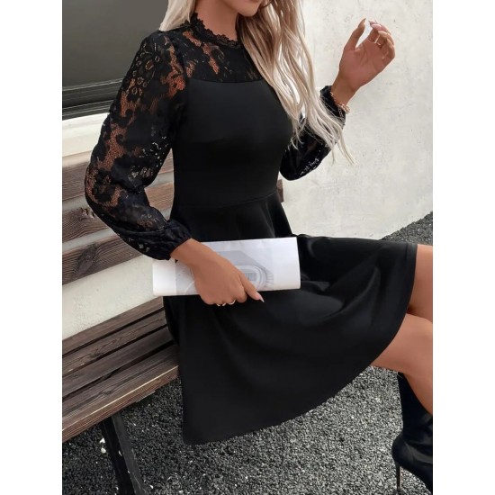 Kadın Uzun Kollu Dantelli Kloş Mini Ithal Krep Elbise , 27514 Kadın Uzun Kollu Dantelli Kloş Mini Ithal Krep Elbise , 27514