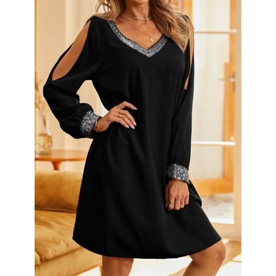 Kadın Uzun Kollu V Yaka Kollar Tül Yırtmaç Detay Kol Manşetleri Ve Yaka Payet Krep Elbise, 27518 Kadın Uzun Kollu V Yaka Kollar Tül Yırtmaç Detay Kol Manşetleri Ve Yaka Payet Krep Elbise, 27518