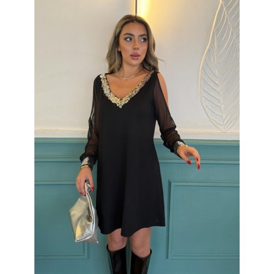 Kadın Uzun Kollu V Yaka Kollar Tül Yırtmaç Detay Kol Manşetleri Ve Yaka Payet Krep Elbise, 27518 Kadın Uzun Kollu V Yaka Kollar Tül Yırtmaç Detay Kol Manşetleri Ve Yaka Payet Krep Elbise, 27518