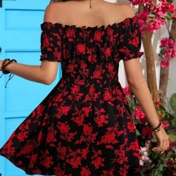 Kadın Kısa Kollu Madonna Yaka Beli Lastikli çiçek Desenli Kısa Süprem Elbise, 27521 Kadın Kısa Kollu Madonna Yaka Beli Lastikli çiçek Desenli Kısa Süprem Elbise, 27521