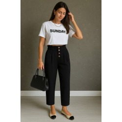 Kadın Yüksek Belli önden Düğmeli Ithal Keten Pantolon , 27632