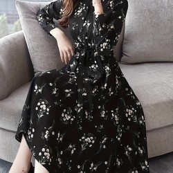 Kadın Uzun Kollu Hakim Yakalı Düğmeli Kuşaklı Desenli Maxi Mikro Süprem Elbise, 27642 Kadın Uzun Kollu Hakim Yakalı Düğmeli Kuşaklı Desenli Maxi Mikro Süprem Elbise, 27642