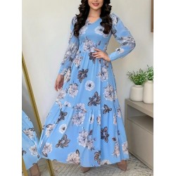 Kadın Uzun Kollu V Yakalı çiçek Desenli Maxi Süprem Elbise , 27651 Kadın Uzun Kollu V Yakalı çiçek Desenli Maxi Süprem Elbise , 27651