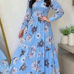 Kadın Uzun Kollu V Yakalı çiçek Desenli Maxi Süprem Elbise , 27651 Kadın Uzun Kollu V Yakalı çiçek Desenli Maxi Süprem Elbise , 27651